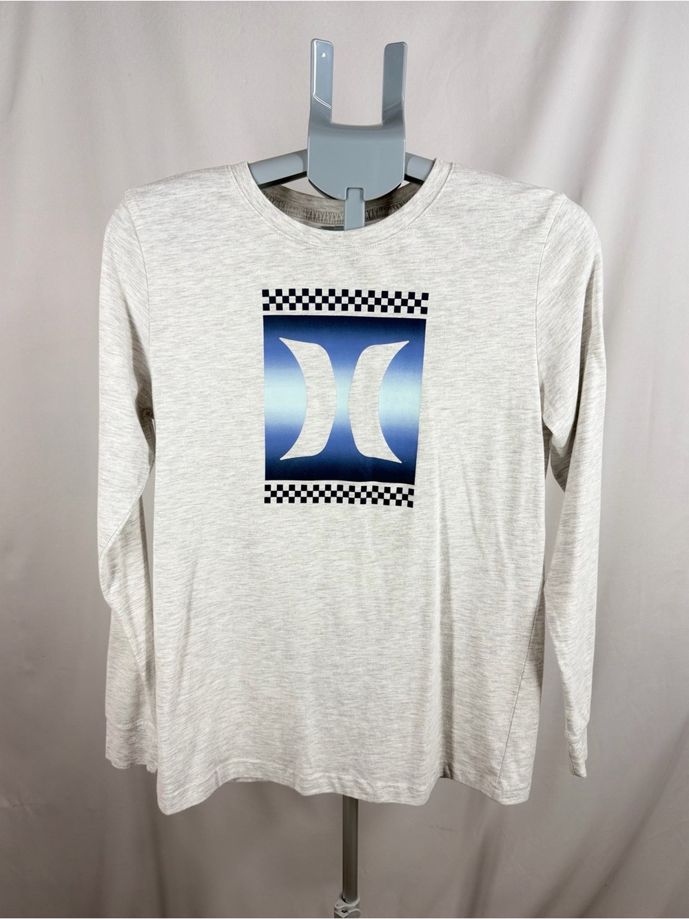 Hurley Boys Youth Shirt XL (13-15) Long Sleeve Heather Grey Checkered Logo Surf